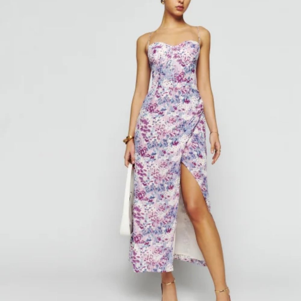 Reformation Kourtney Dress in Morning Dew Sleeveless Midi Faux Wrap